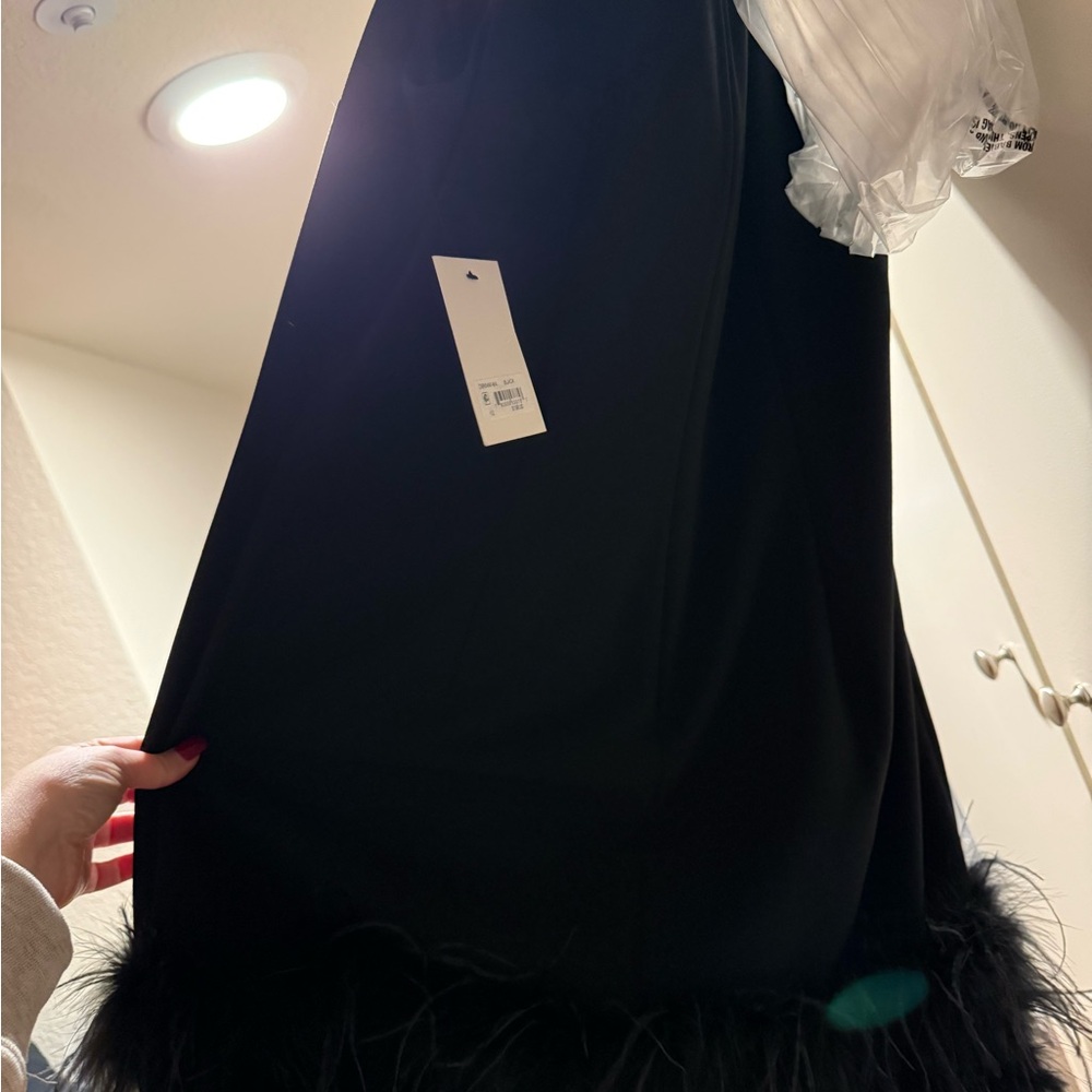 Donna Morgan Black Mini Dress with Feather Hem - Picture 5 of 6